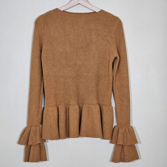 Olla Sweaters - Olla Sweater L Womens Mustard LS Cashmere Angora Blend Rib Knit Ruffled Boho